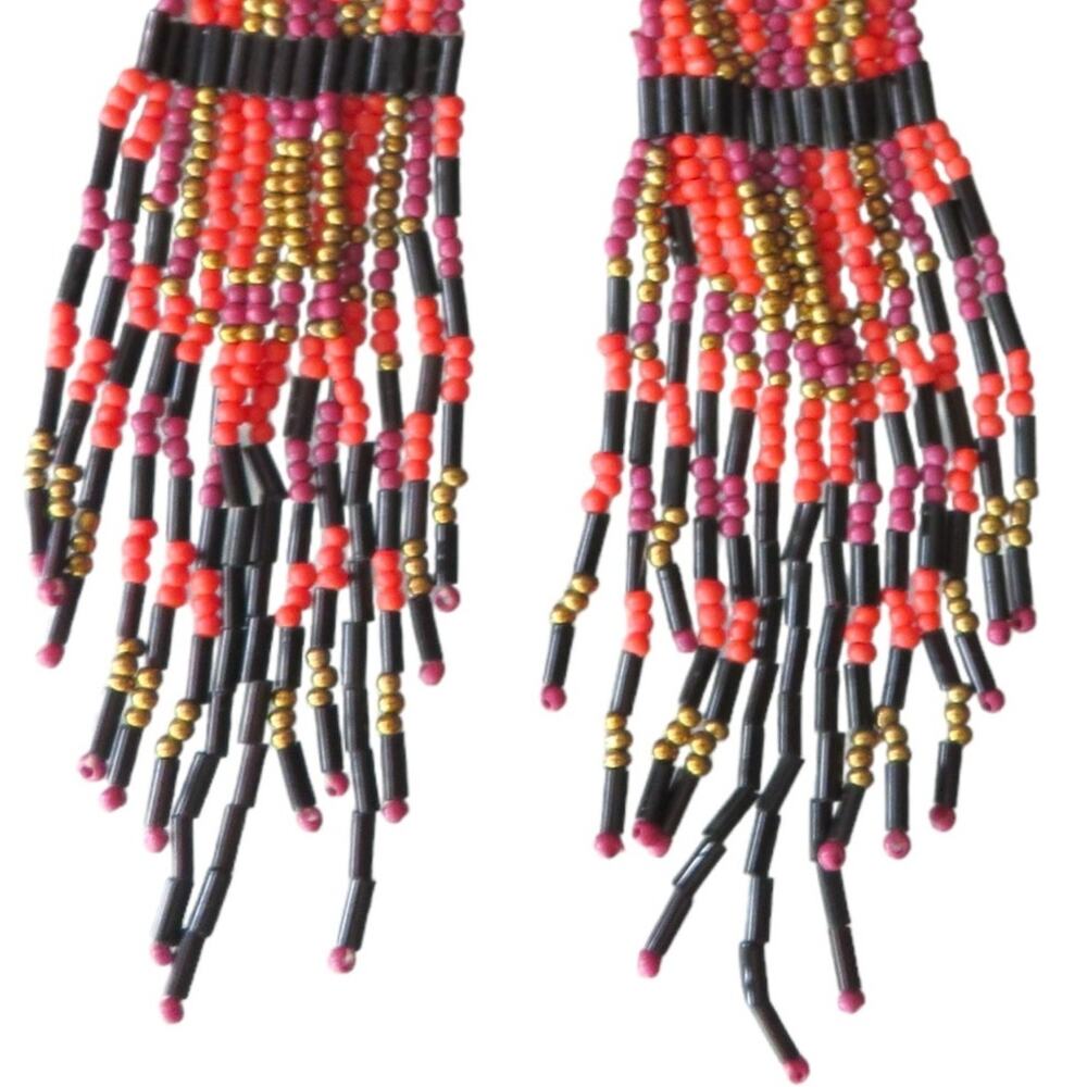 Boho Handmade OOAK Beaded Hanging Earrings Long Lightweight Pink Orange Black - Picture 7 of 10